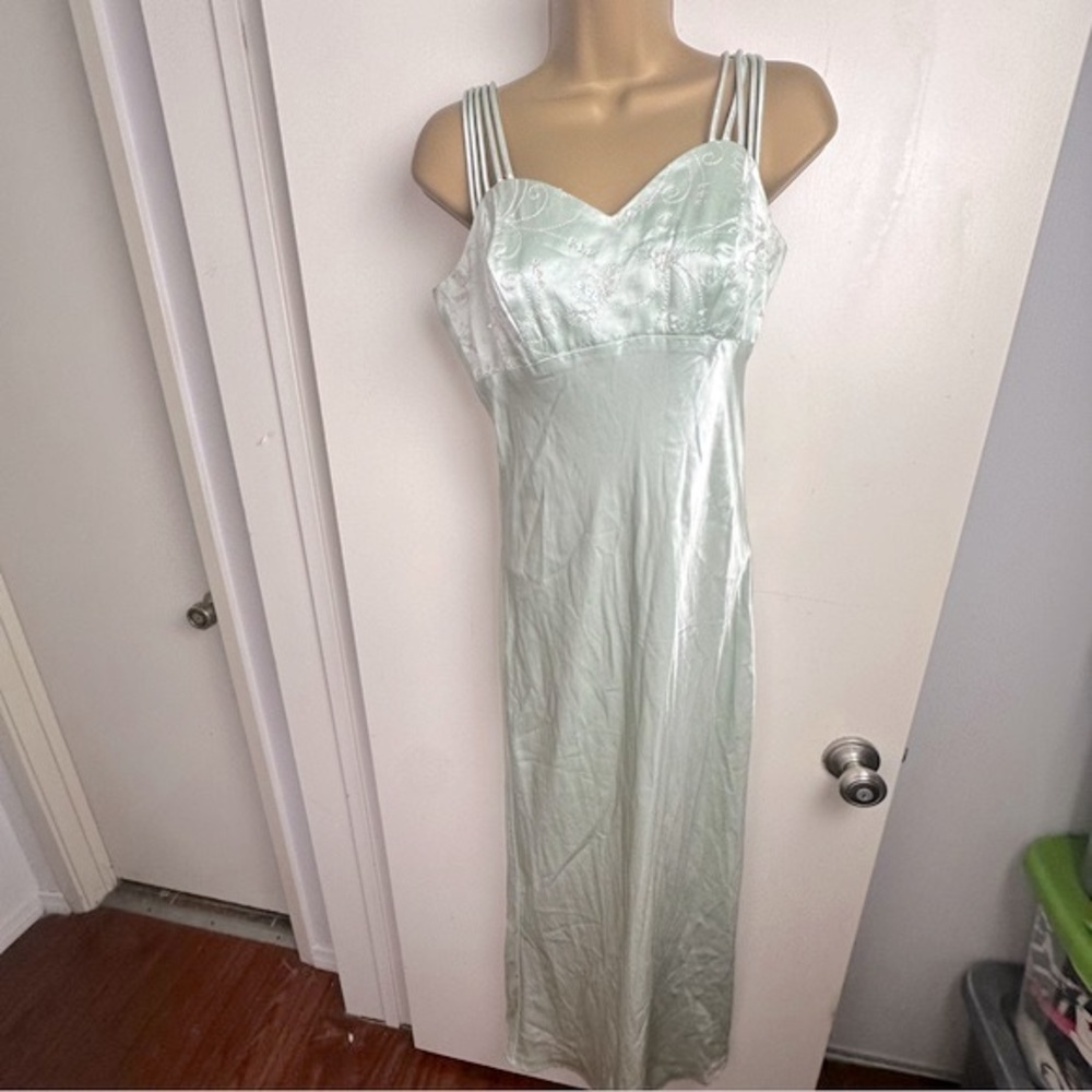 All That Jazz Light Green Y2KVintage Sequin Embroidery Satin MultiStrap Gown 7/8